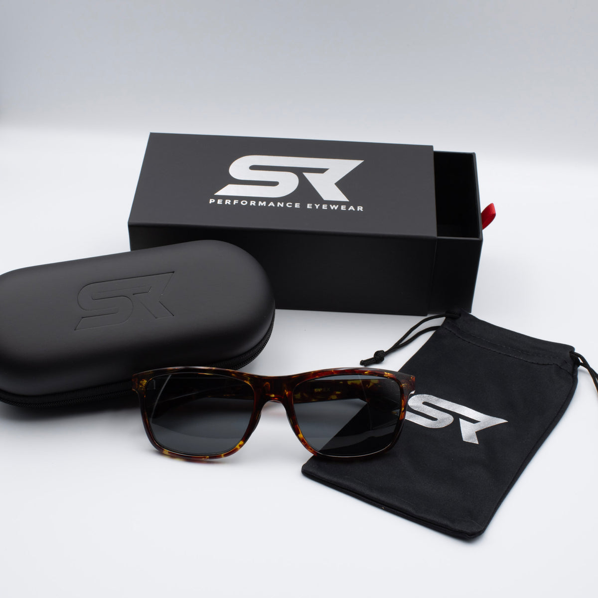 SR Apex sunglasses with protective hard case, microfiber pouch, and premium box included.