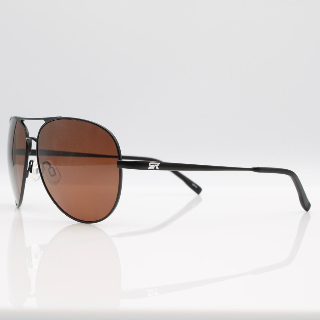 Matte Stealth Black Blackbird Aviator sunglasses with bronze lenses, slim headset-friendly temple profile.