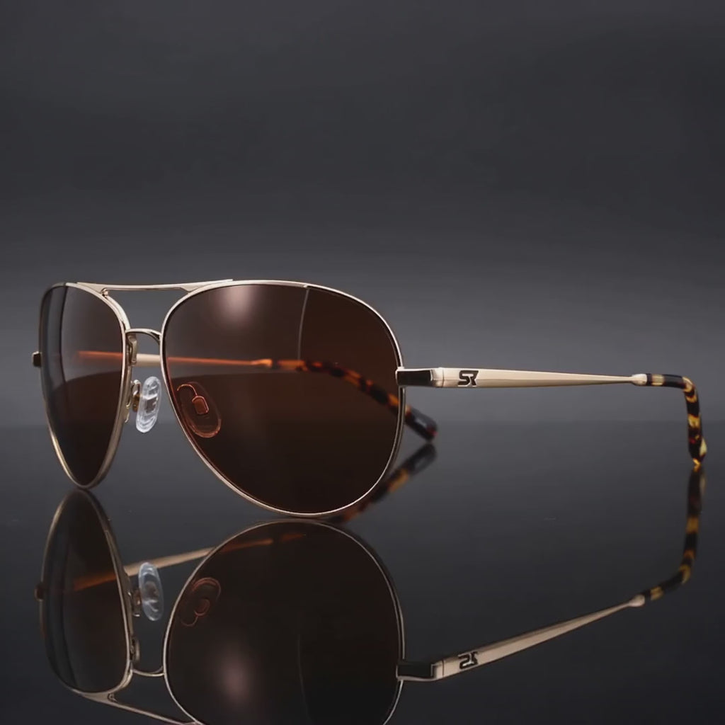 Blackbird Heritage Gold with bronze lenses — glossy black studio rotation